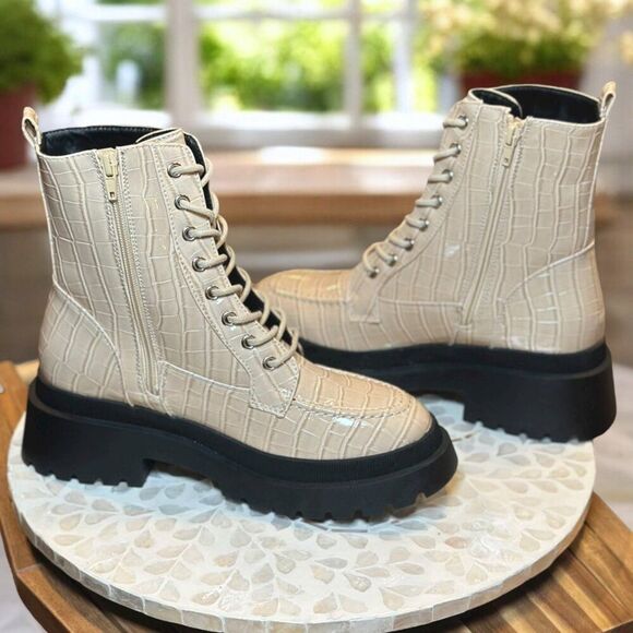 Topshop Kara Lace-Up Combat Boots Croc Embossed Beige Lug Sole Women’s 9.5 / 40 - Picture 4 of 15